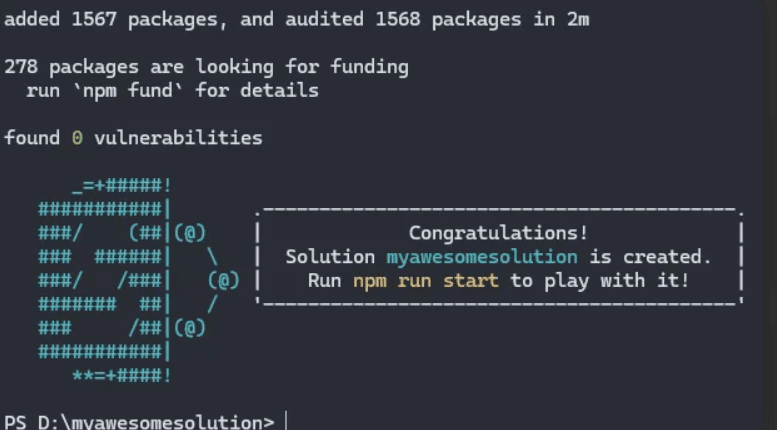 SharePoint Frameworkのnpm install画面のスクリーンショット。脆弱性が0件であることを示している。